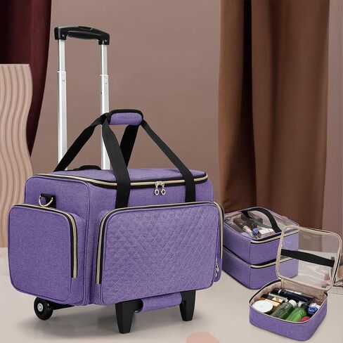 BAFASO Rolling Makeup Case with 3 Removable Cases and 1 Makeup Brush Holder Bag, Multifunctional Makeup Bag with Detachable Dolly (Patented Design), Purple in Kuwait