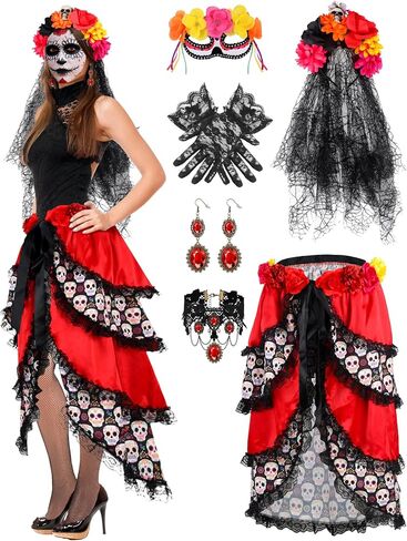 Liitrsh 7 Pcs Day of The Dead Costume for Women Include Halloween Tie on Bustle Lace Choker Gothic Earrings Lace Gloves Thigh High Socks for Cosplay Dress Up Party in Saudi Arabia