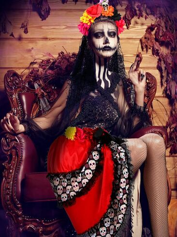 Liitrsh 7 Pcs Day of The Dead Costume for Women Include Halloween Tie on Bustle Lace Choker Gothic Earrings Lace Gloves Thigh High Socks for Cosplay Dress Up Party in Saudi Arabia