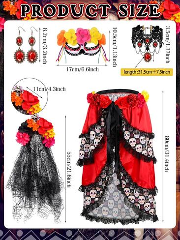 Liitrsh 7 Pcs Day of The Dead Costume for Women Include Halloween Tie on Bustle Lace Choker Gothic Earrings Lace Gloves Thigh High Socks for Cosplay Dress Up Party in Saudi Arabia