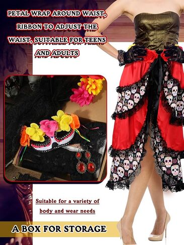 Liitrsh 7 Pcs Day of The Dead Costume for Women Include Halloween Tie on Bustle Lace Choker Gothic Earrings Lace Gloves Thigh High Socks for Cosplay Dress Up Party in Saudi Arabia