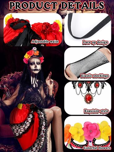 Liitrsh 7 Pcs Day of The Dead Costume for Women Include Halloween Tie on Bustle Lace Choker Gothic Earrings Lace Gloves Thigh High Socks for Cosplay Dress Up Party in Saudi Arabia