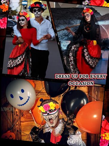 Liitrsh 7 Pcs Day of The Dead Costume for Women Include Halloween Tie on Bustle Lace Choker Gothic Earrings Lace Gloves Thigh High Socks for Cosplay Dress Up Party in Saudi Arabia