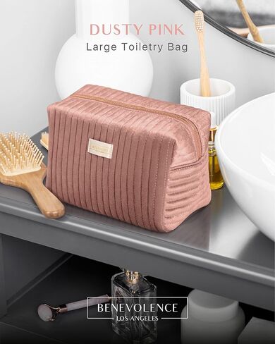 Benevolence LA Large Capacity Travel Cosmetic Bag | Travel Toiletry Bag for Women | Large Makeup Bag | Velvet Travel Bag for Toiletries | Pouch Bags for Cosmetics and Accessories | Caramel in Kuwait