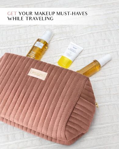 Benevolence LA Large Capacity Travel Cosmetic Bag | Travel Toiletry Bag for Women | Large Makeup Bag | Velvet Travel Bag for Toiletries | Pouch Bags for Cosmetics and Accessories | Caramel in Kuwait