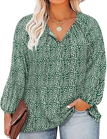 CARCOS Womens Plus Size Floral Blouses Long/Short Sleeve Boho Tops V Neck Chiffon Shirts Drawstring Business Tunics XL-5XL in Saudi Arabia