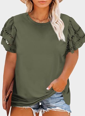 Eytino Womens Plus Size Hollow Out Ruffle Short Sleeve Crewneck Summer Casual Tee Shirts Blouse(1X-5X) in Kuwait