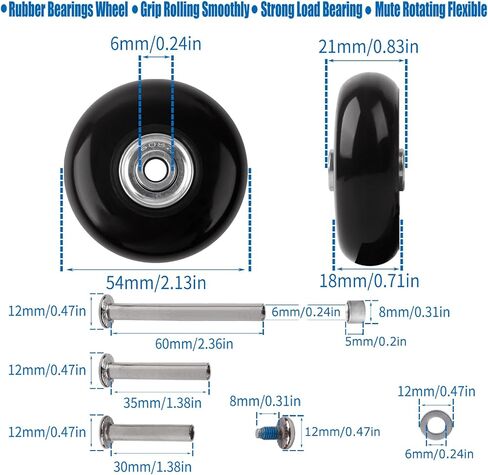Luggage Suitcase Replacement Wheels Set of 4 PU Bearing Wheels-Install Width 0.8in/21mm with 3 Size Axles and Hacksaw for Trolley Bag Drawbar Box Smooth Rolling Repair(40mm x 18mm) in Kuwait