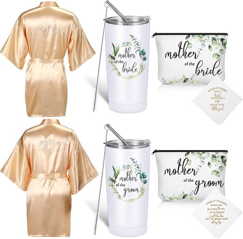 Sieral 8 Pack Mother of the Bride and Groom Gifts Satin Robe for Wedding day Gifts with 20 oz Cup Tumblers Makeup Bag Handkerchief(Champaign Gold, Trendy) in Saudi Arabia