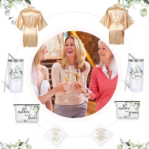 Sieral 8 Pack Mother of the Bride and Groom Gifts Satin Robe for Wedding day Gifts with 20 oz Cup Tumblers Makeup Bag Handkerchief(Champaign Gold, Trendy) in Saudi Arabia