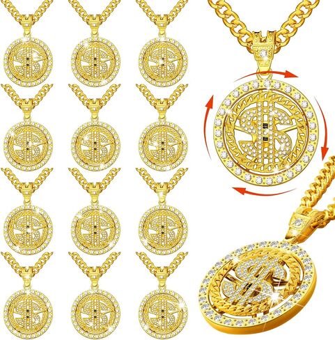 Huquary 16 Pcs Gold Dollar Necklace Chain for Men Hip Hop Chain Necklace Pendant Rotatable Dollar Sign Necklaces with Rapper Chain for Men Women Halloween Punk Style Necklace, 32 Inch in Saudi Arabia