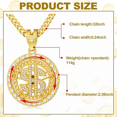 Huquary 16 Pcs Gold Dollar Necklace Chain for Men Hip Hop Chain Necklace Pendant Rotatable Dollar Sign Necklaces with Rapper Chain for Men Women Halloween Punk Style Necklace, 32 Inch in Saudi Arabia