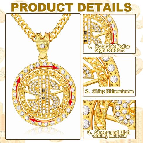Huquary 16 Pcs Gold Dollar Necklace Chain for Men Hip Hop Chain Necklace Pendant Rotatable Dollar Sign Necklaces with Rapper Chain for Men Women Halloween Punk Style Necklace, 32 Inch in Saudi Arabia