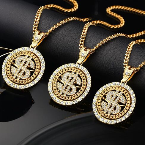 Huquary 16 Pcs Gold Dollar Necklace Chain for Men Hip Hop Chain Necklace Pendant Rotatable Dollar Sign Necklaces with Rapper Chain for Men Women Halloween Punk Style Necklace, 32 Inch in Saudi Arabia