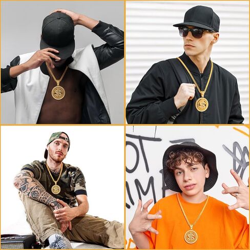 Huquary 16 Pcs Gold Dollar Necklace Chain for Men Hip Hop Chain Necklace Pendant Rotatable Dollar Sign Necklaces with Rapper Chain for Men Women Halloween Punk Style Necklace, 32 Inch in Saudi Arabia