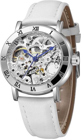 MASTOP Women's Watches Automatic Steampunk Self Winding Mechanical Silver Bracelet Ladies Skeleton Wrist Watch in Kuwait