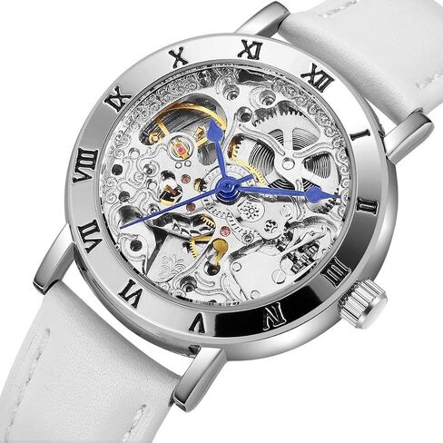 MASTOP Women's Watches Automatic Steampunk Self Winding Mechanical Silver Bracelet Ladies Skeleton Wrist Watch in Kuwait