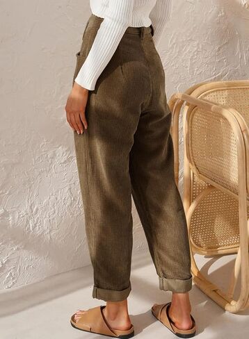 سروال قصير نسائي كاجوال عالي الخصر مستقيم الساق بنطلون عتيق للنساء مع جيوب (بني US 10) in Kuwait