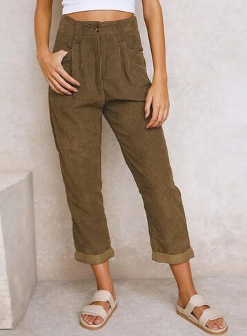 سروال قصير نسائي كاجوال عالي الخصر مستقيم الساق بنطلون عتيق للنساء مع جيوب (بني US 10) in Kuwait