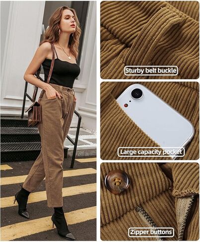 سروال قصير نسائي كاجوال عالي الخصر مستقيم الساق بنطلون عتيق للنساء مع جيوب (بني US 10) in Kuwait