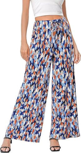 KOJOOIN Women's Wide Leg Pants Casual Palazzo Summer Flowy Pants Elastic High Waist Lounge Drawstring Long Trousers for Women in Saudi Arabia