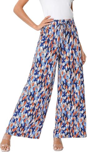 KOJOOIN Women's Wide Leg Pants Casual Palazzo Summer Flowy Pants Elastic High Waist Lounge Drawstring Long Trousers for Women in Saudi Arabia