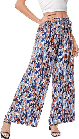 KOJOOIN Women's Wide Leg Pants Casual Palazzo Summer Flowy Pants Elastic High Waist Lounge Drawstring Long Trousers for Women in Saudi Arabia