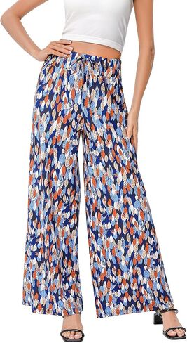 KOJOOIN Women's Wide Leg Pants Casual Palazzo Summer Flowy Pants Elastic High Waist Lounge Drawstring Long Trousers for Women in Saudi Arabia