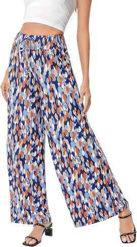 KOJOOIN Women's Wide Leg Pants Casual Palazzo Summer Flowy Pants Elastic High Waist Lounge Drawstring Long Trousers for Women in Saudi Arabia
