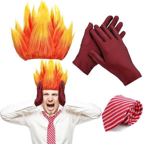 Toulite 3 Pcs Halloween Anger Dress Up Set Included 2 Toned Flame Wig Red Textured Tie Red Gloves Halloween Cosplay Costume for Men Adult Party Supplies in Saudi Arabia