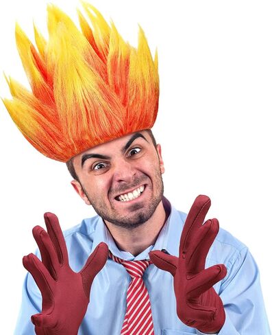 Toulite 3 Pcs Halloween Anger Dress Up Set Included 2 Toned Flame Wig Red Textured Tie Red Gloves Halloween Cosplay Costume for Men Adult Party Supplies in Saudi Arabia