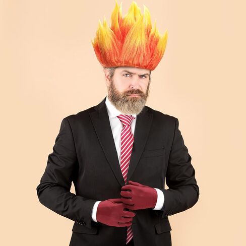 Toulite 3 Pcs Halloween Anger Dress Up Set Included 2 Toned Flame Wig Red Textured Tie Red Gloves Halloween Cosplay Costume for Men Adult Party Supplies in Saudi Arabia
