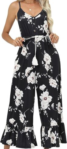 Hojalis جمبسوت نسائي غير رسمي بدون أكمام فضفاض بياقة على شكل حرف v وحزام سباغيتي قابل للتعديل رومبير بوهيمي مطبوع عليه زهور in Kuwait