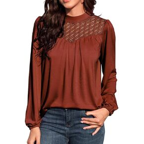 Women's Long Sleeve Tops Casual Blouses Crewneck Lace Mock Neck Tops for Women with Lantern Sleeve