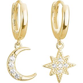 Reffeer Solid 925 Sterling Silver Moon Star Dangle Earrings Hoop for Women Teen Girls CZ Moon Star Hoop Earrings Huggie Dangle Earrings Asymmetrical