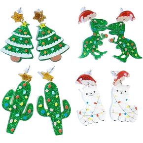 4/5Pairs Cute Cartoon Christmas Tree Dinosaur Alpaca Cactus Santa Claus Hat Drop Dangle Earring Set for Women Girl Teen Acrylic Glitter Cactus Animal Earring Xmas Party Jewelry Gift