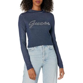 سترة نسائية طويلة الأكمام بشعار حجر الراين من GUESS