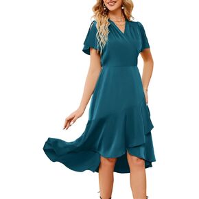 JASAMBAC Women's Satin Dress Slit Short Sleeve A Line Ruffle Hem Wedding Cocktail Midi Dresses in Saudi Arabia