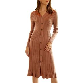 IFUROL Women's V Neck Knitted Dress Sexy Long Sleeved Button Sweater Dress Bodycon Party Maxi Dress