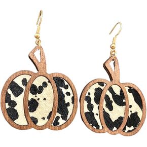 Halloween Classic Leopard Print Pumpkin Leather Wooden Dangle Earrings Handmade Lightweight Fall Glitter Pumpkin Drop Earrings for Women Girls Thanksgiving Halloween Accessory
