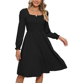 فستان بيريدريس نسائي بأكمام طويلة ورقبة مربعة ومزين بالورود بطول الركبة فستان كاجوال للحفلات مع جيوب in Kuwait