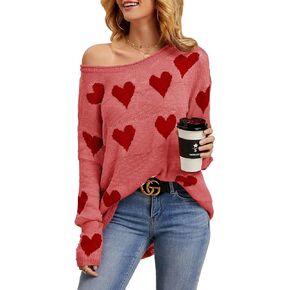 Tutorutor Womens Cute Love Heart Print Sweaters Oversized Off The Shoulder Loose Knitted Valentine Pullover Blouse Top
