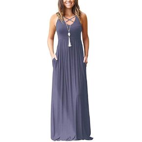 فساتين Ezbelle النسائية الطويلة بدون أكمام بظهر Racerback مع جيوب، فستان طويل فضفاض سادة in Kuwait