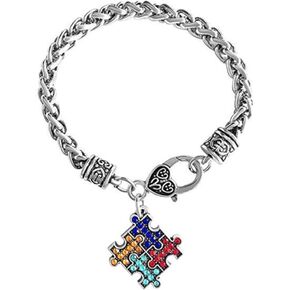 MiniJewelry Autism Awareness Puzzle Jigsaw Love Heart Cross Charm Bracelet for Women Mom Sister Daughter Brother Auntie Wife Husband Family