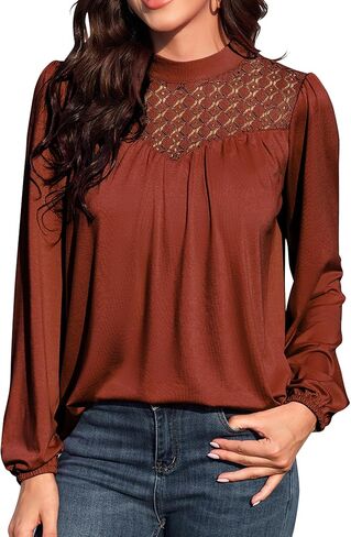 بلايز نسائية بأكمام طويلة، بلوزات كاجوال بياقة دائرية، دانتيل، برقبة وهمية للنساء مع أكمام فانوس in Kuwait