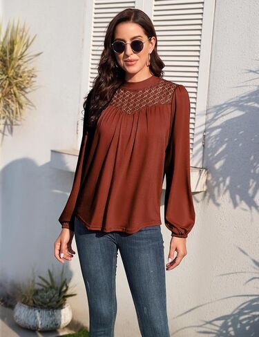 بلايز نسائية بأكمام طويلة، بلوزات كاجوال بياقة دائرية، دانتيل، برقبة وهمية للنساء مع أكمام فانوس in Kuwait