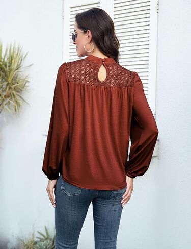 بلايز نسائية بأكمام طويلة، بلوزات كاجوال بياقة دائرية، دانتيل، برقبة وهمية للنساء مع أكمام فانوس in Kuwait