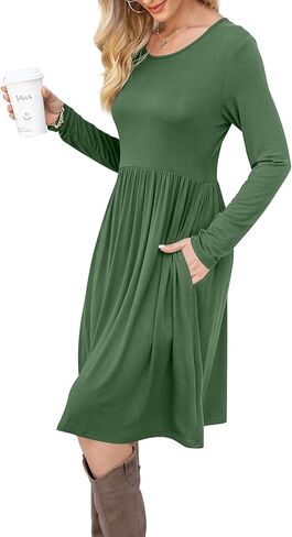 DB MOON Women Casual Long Sleeve Dresses Empire Waist Knee Length Loose Dress with Pockets in Kuwait
