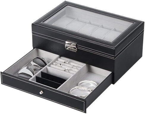 ان اي اكس صندوق ساعة، منظم ساعات بطبقتين و12 فتحة مع صينية عرض مجوهرات للرجال، اسود in Kuwait