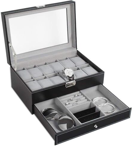 ان اي اكس صندوق ساعة، منظم ساعات بطبقتين و12 فتحة مع صينية عرض مجوهرات للرجال، اسود in Kuwait